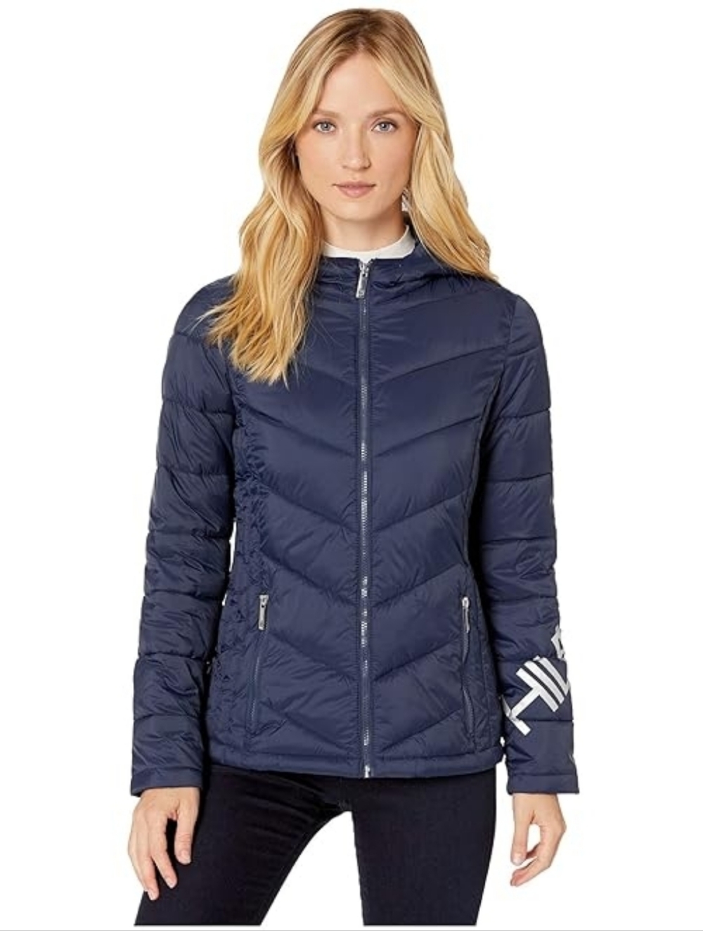 Tommy Hilfiger Down Packable Blue Quilted Jacket Sleeve Logo Coat Hooded Large